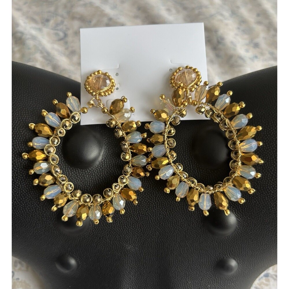 Gold Tone Women Metal Rhinestone Large Crystal Warm Toned Chandelier Earrings - Picture 2 of 4